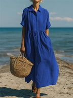 Blue cotton button shirt dress with collar, short sleeves, gathered waist