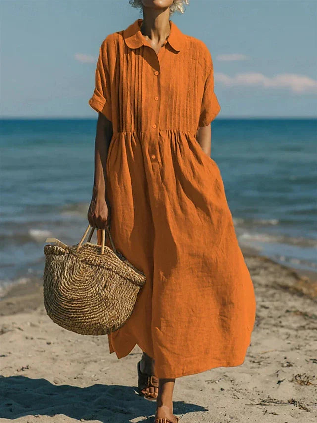 Orange cotton button shirt dress with collar, short sleeves, gathered waist