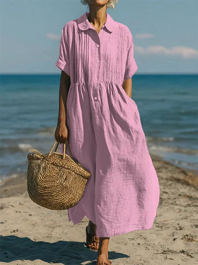 Pink cotton button shirt dress with collar, short sleeves, gathered waist