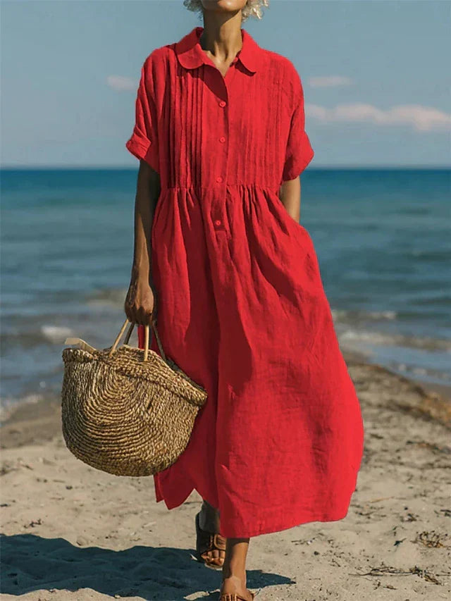 Red cotton button shirt dress with collar, short sleeves, gathered waist