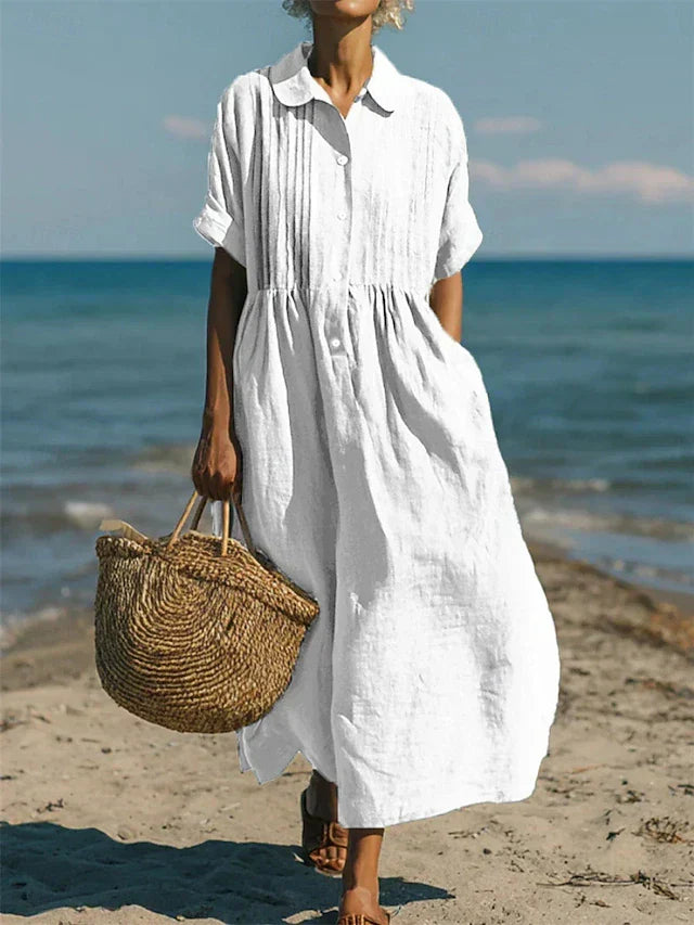 White cotton button shirt dress with collar, short sleeves, gathered waist