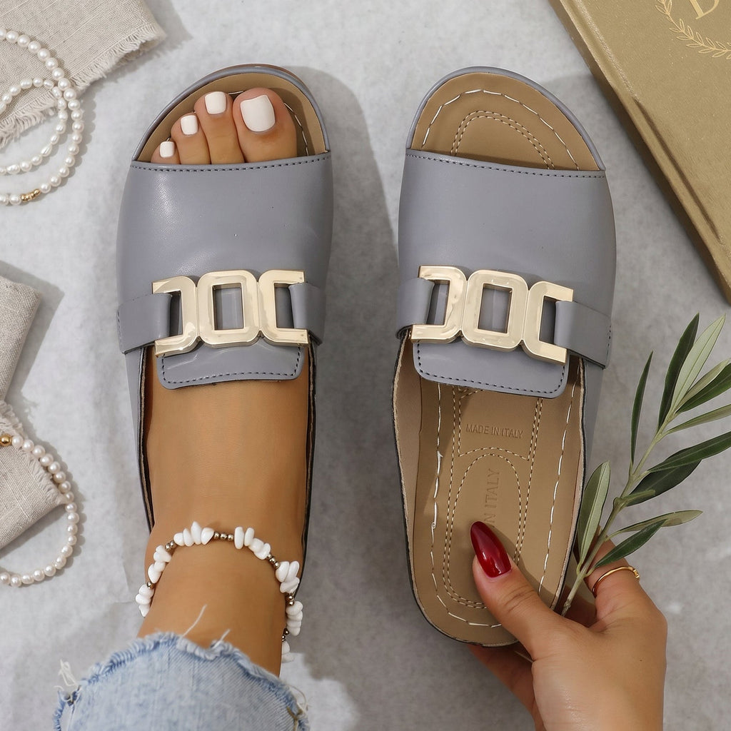 Gray open-toe sandals with gold-tone square buckle and stitched border