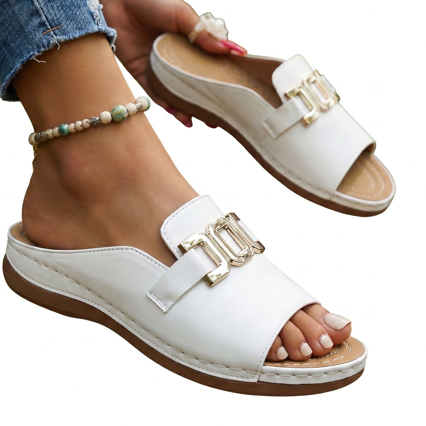 White open-toe sandals with gold-tone square buckle and padded midsole