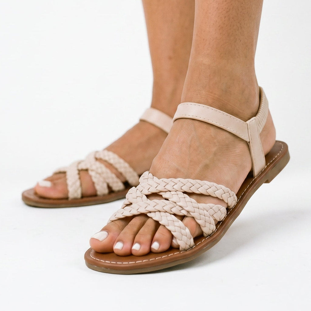 Cream braided flat sandals with ankle strap and open toe