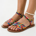 Multicolor braided flat sandals with open toe and ankle strap