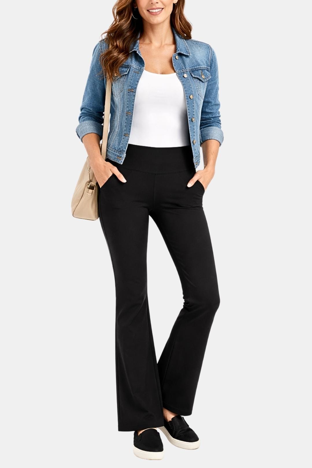 Black flared leggings with pockets, high-rise waistband and wide bell legs