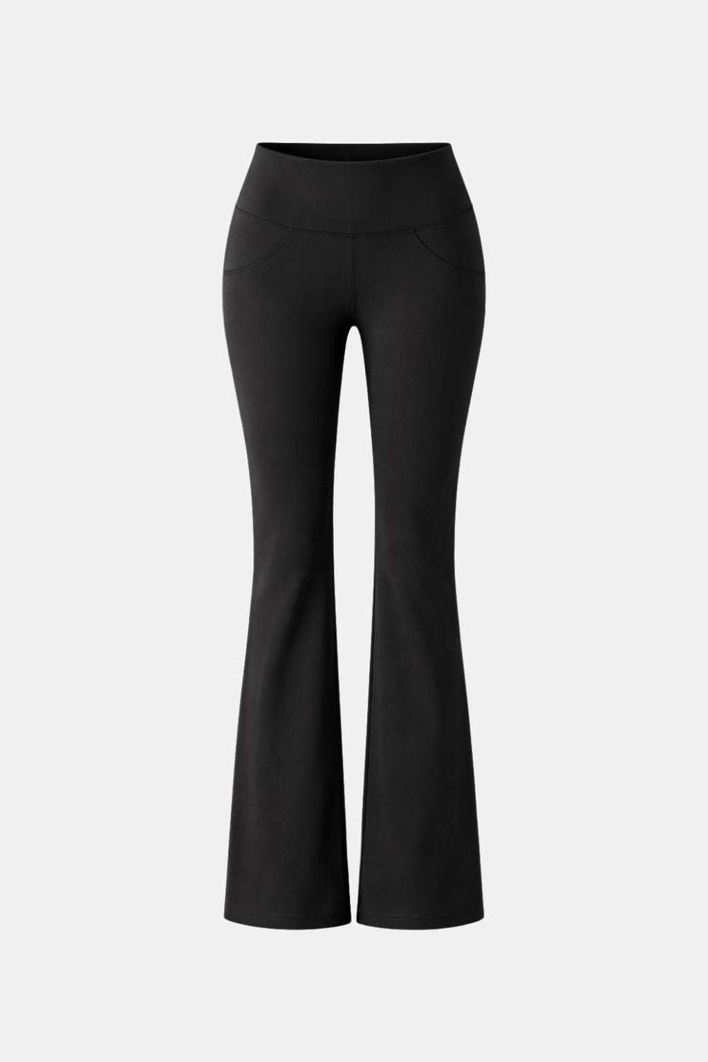 Black flared leggings with high waistband and wide bootcut legs