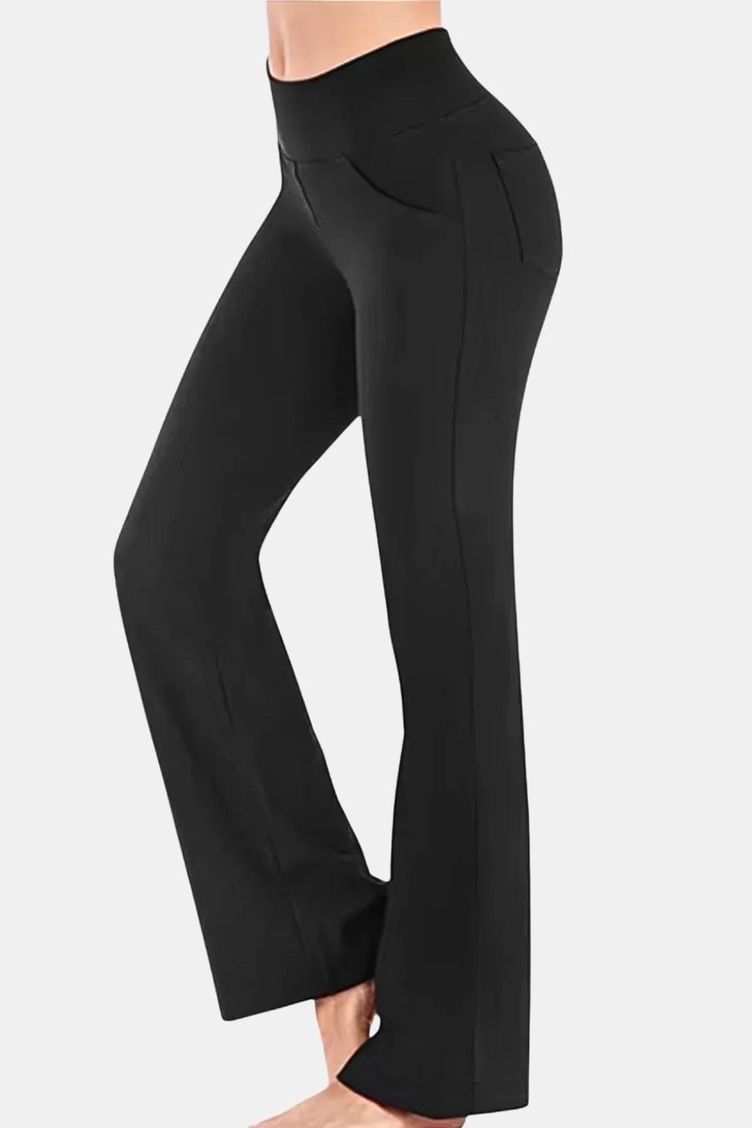 Black flared leggings with pocket seam and smooth side panels