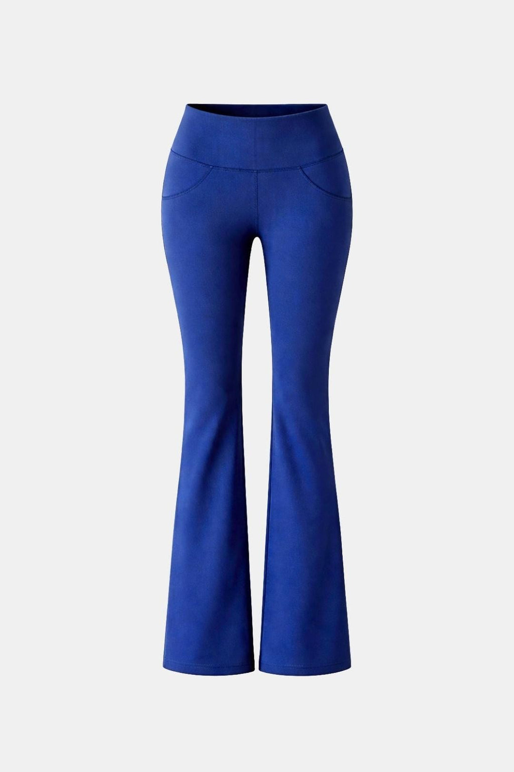 Blue flared leggings with high waistband and wide bootcut legs