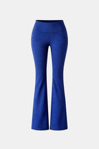 Blue flared leggings with high waistband and wide bootcut legs
