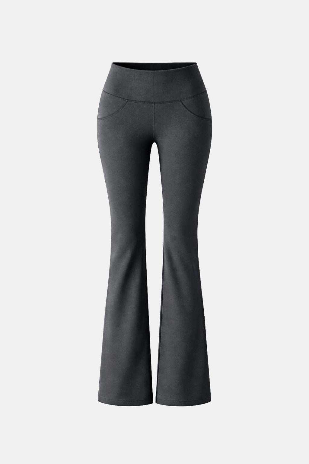 Grey flared leggings with high waistband and wide bootcut legs