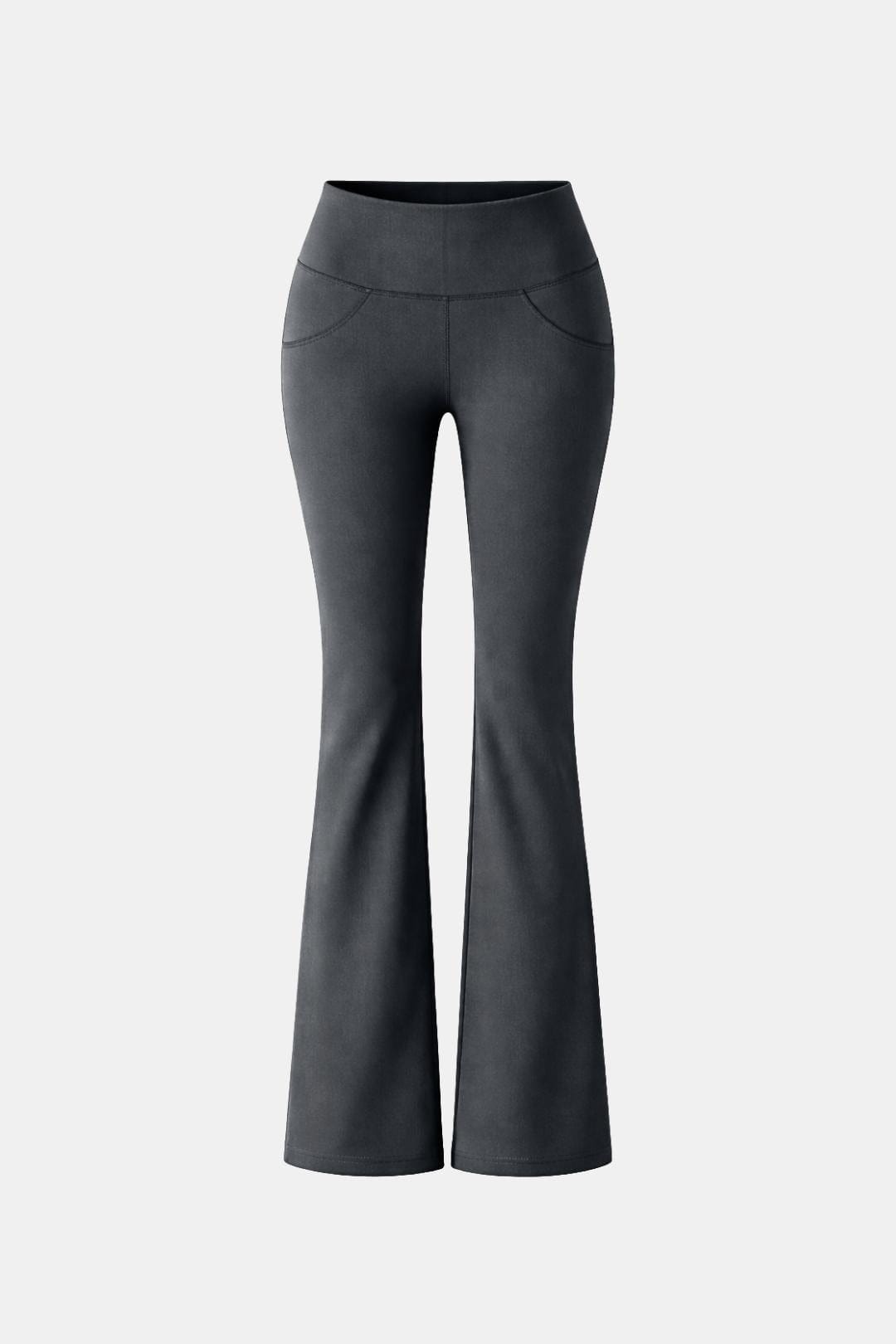 Grey flared leggings with high waistband and wide bootcut legs