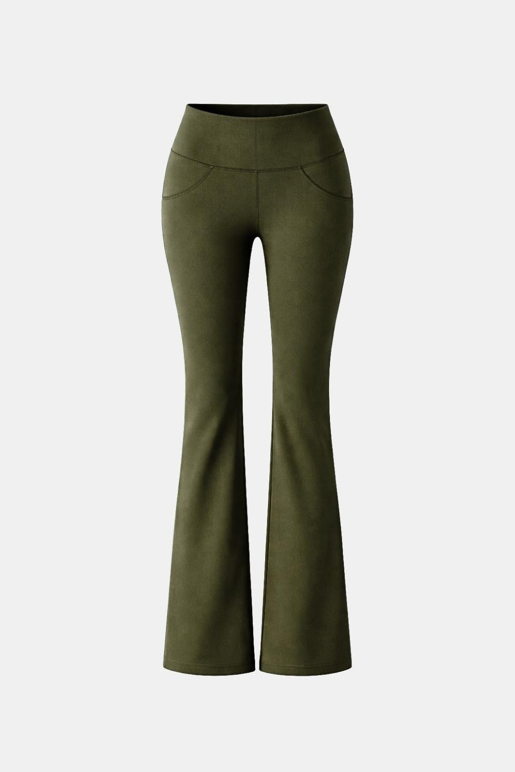 Green flared leggings with high waistband and wide bootcut legs