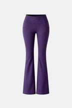 Purple flared leggings with high waistband and wide bootcut legs