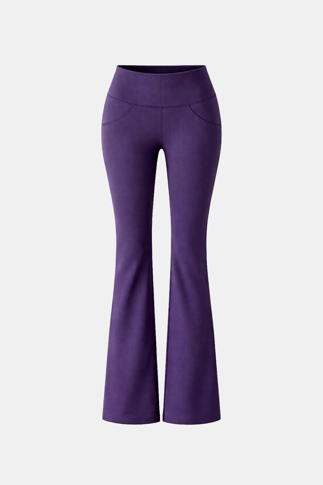 Purple flared leggings with high waistband and wide bootcut legs