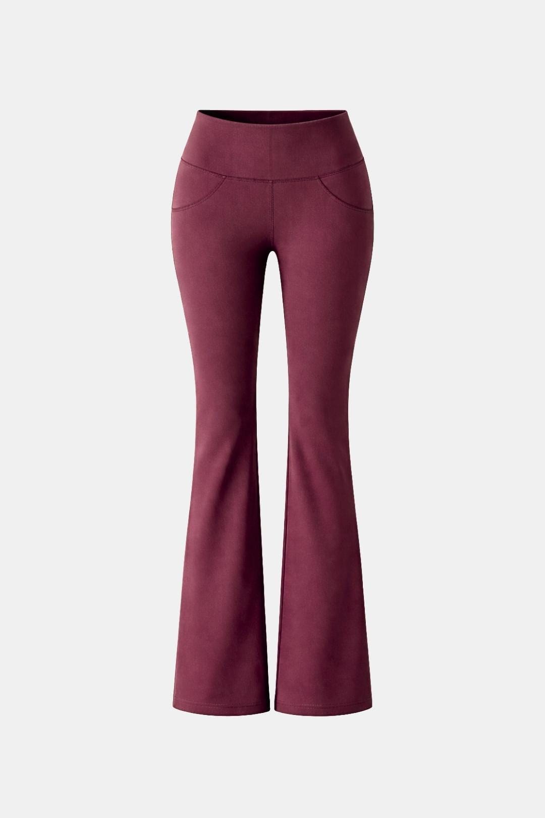Red flared leggings with high waistband and wide bootcut legs