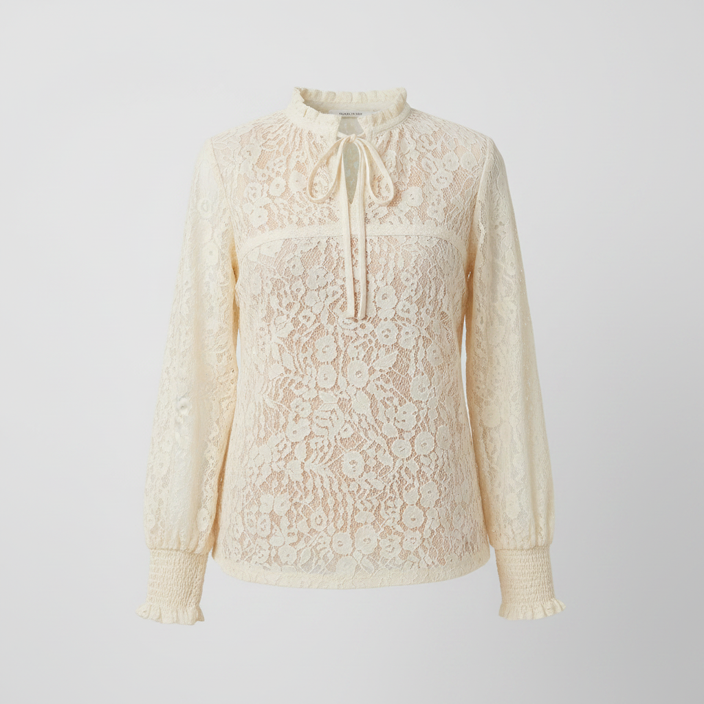 Sheer lace blouse in cream with floral pattern, tie neck and ruffle collar