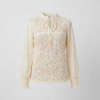 Sheer lace blouse in cream with floral pattern, tie neck and ruffle collar