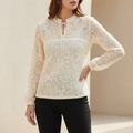 Sheer lace blouse in white with floral lace, ruffle collar and tie neck