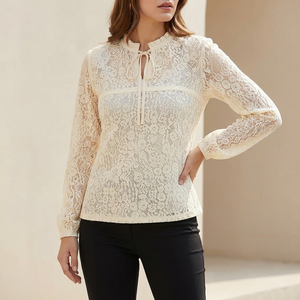 Sheer lace blouse in white with floral lace, ruffle collar and tie neck