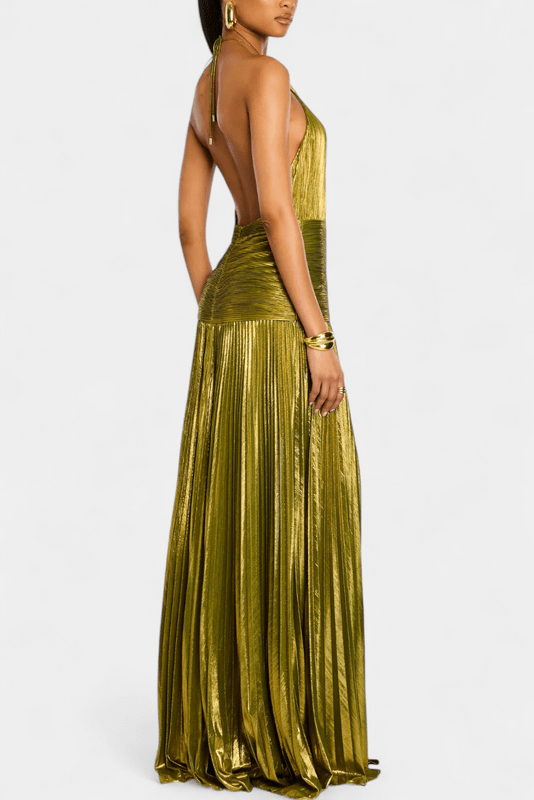Metallic green maxi dress with sleeveless halter neckline and pleated skirt
