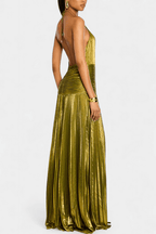 Metallic green maxi dress with sleeveless halter neckline and pleated skirt