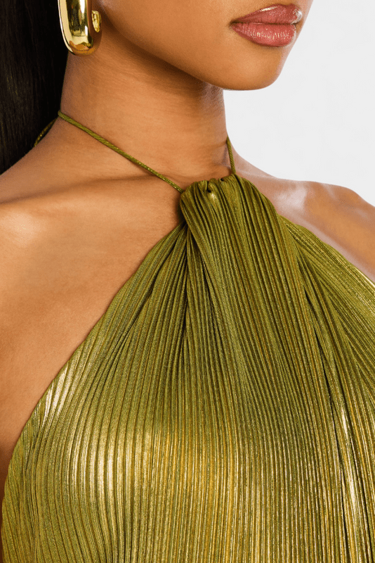 Metallic green halter bodice with pleated texture and thin neck tie