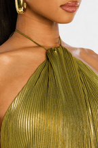 Metallic green halter bodice with pleated texture and thin neck tie