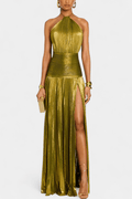 Metallic green maxi dress with high halter neckline and side slit skirt