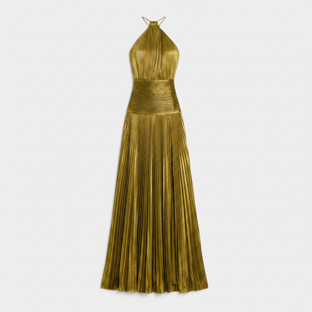 Metallic green halter maxi dress, sleeveless with pleated skirt