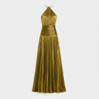 Metallic green halter maxi dress, sleeveless with pleated skirt