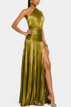 Metallic green maxi dress with high halter neck, fitted waist, and leg slit