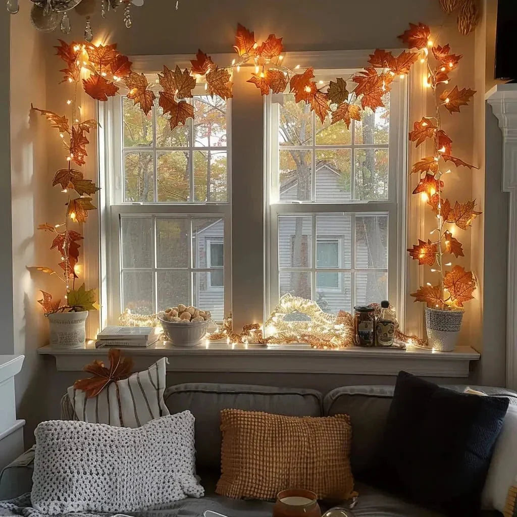 orange maple leaf garland with warm string lights across window wall