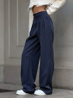 Blue striped high-waisted wide-leg trousers with front pleats and flowing wide legs