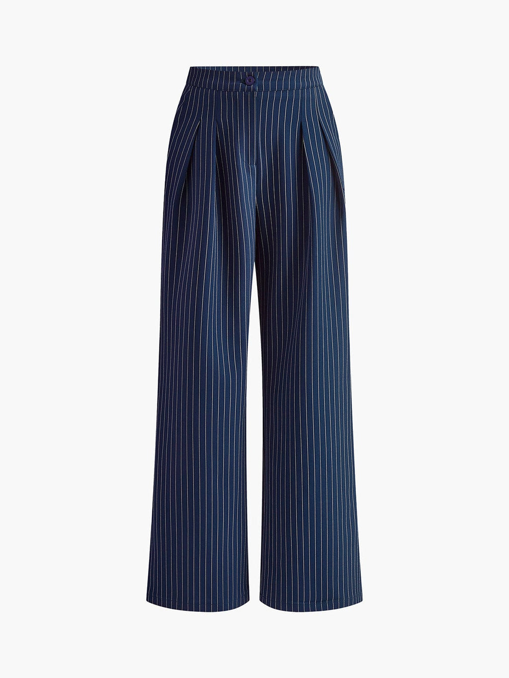 Blue striped high-waisted wide-leg trousers, wide straight legs in vertical pinstripes