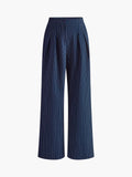Blue striped high-waisted wide-leg trousers, wide straight legs in vertical pinstripes