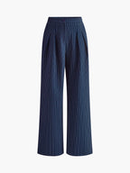 Blue striped high-waisted wide-leg trousers, wide straight legs in vertical pinstripes