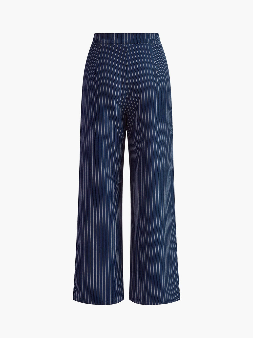 Blue striped high-waisted wide-leg trousers with vertical pinstripe pattern