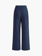 Blue striped high-waisted wide-leg trousers with vertical pinstripe pattern
