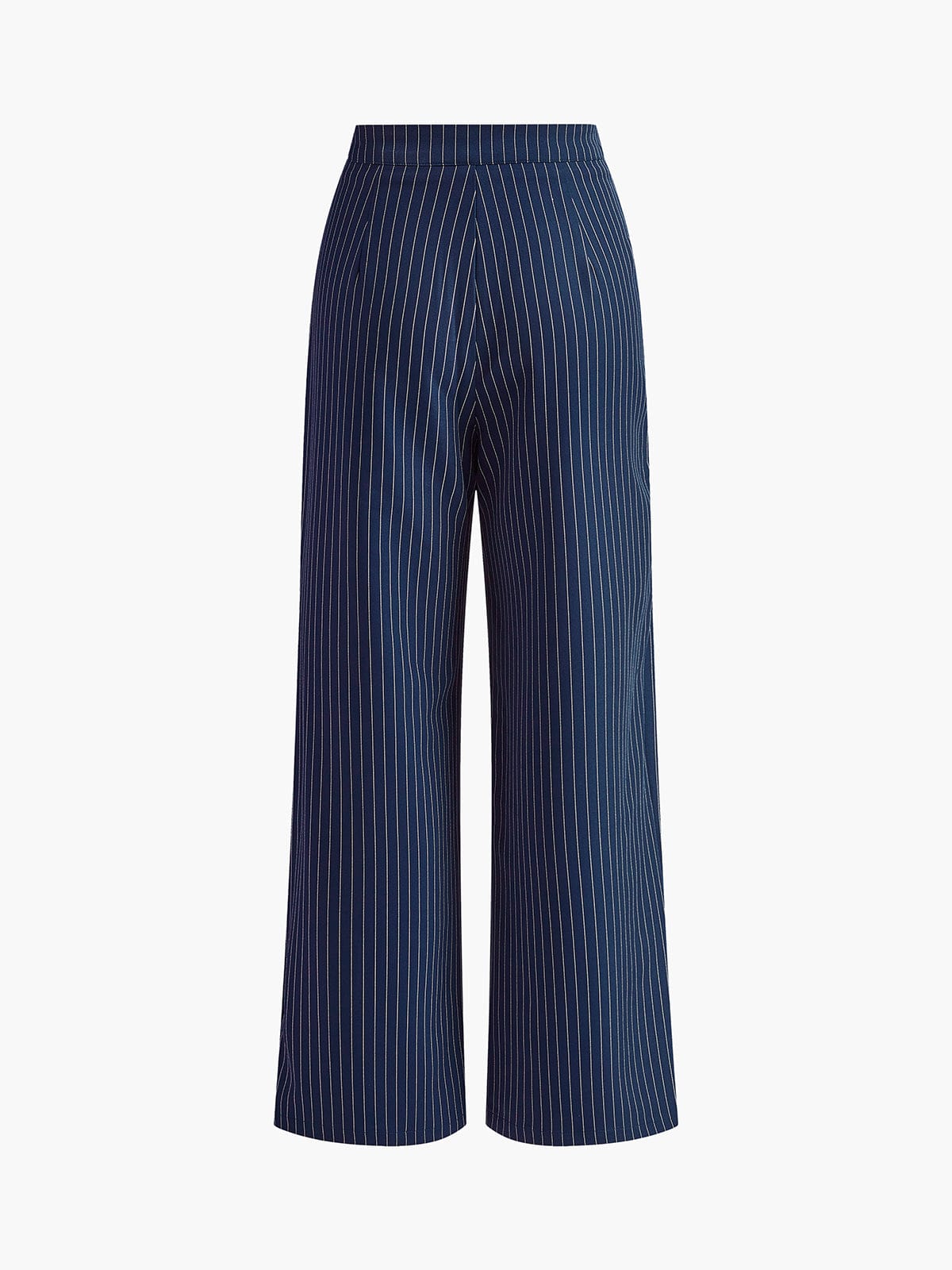 Blue striped high-waisted wide-leg trousers with vertical pinstripe pattern