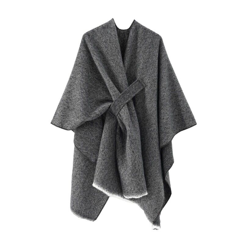 Gray cashmere poncho with V-neck, draped sleeves and tied waist, fringe hem