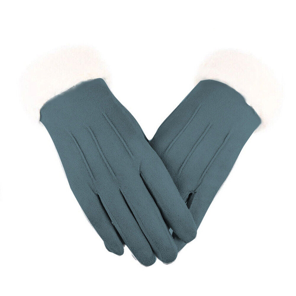 Teal leather gloves with fluffy light cuffs and stitched finger seams