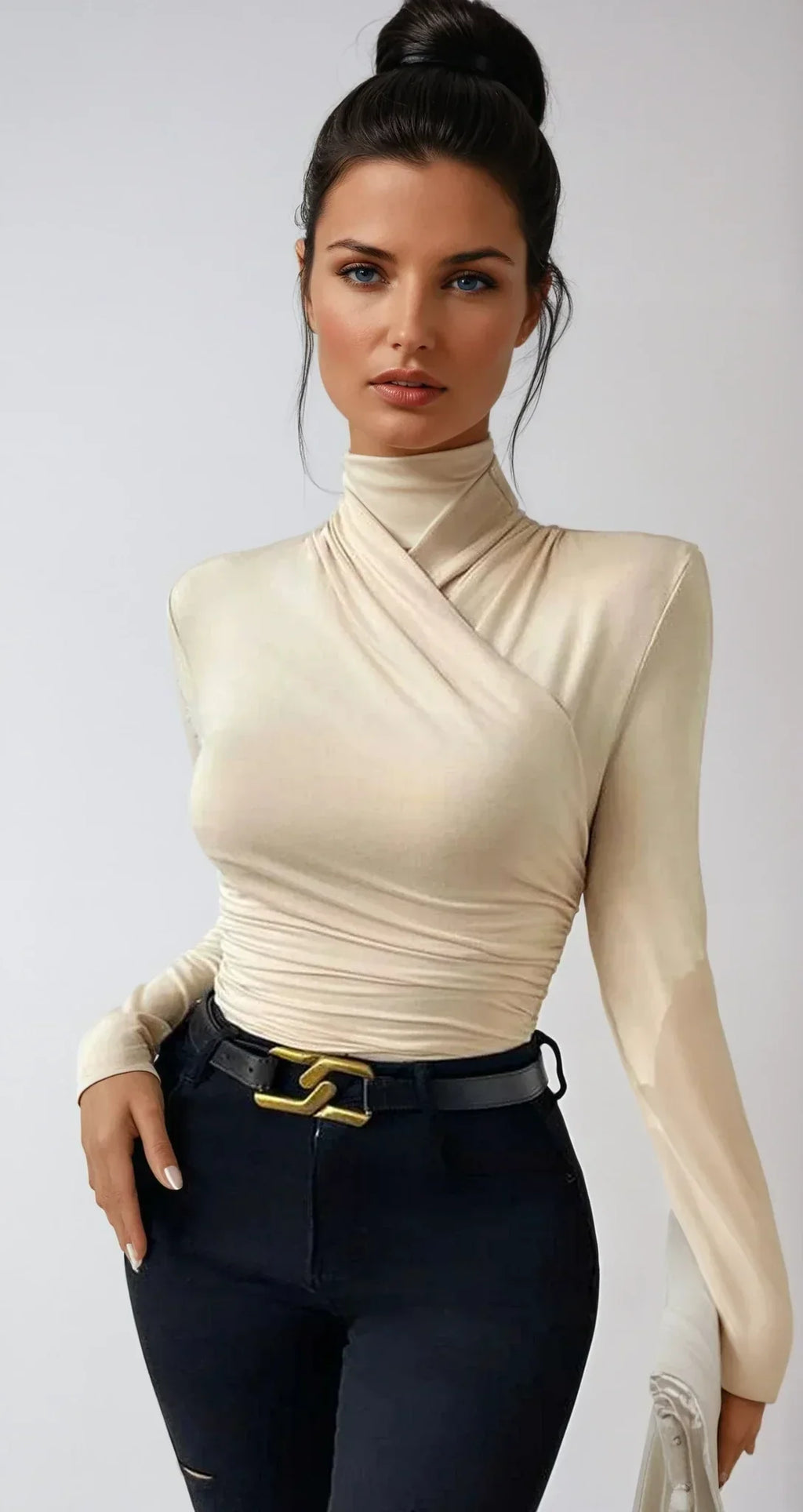 Cream wrap turtleneck top with long sleeves and ruched wrap detail