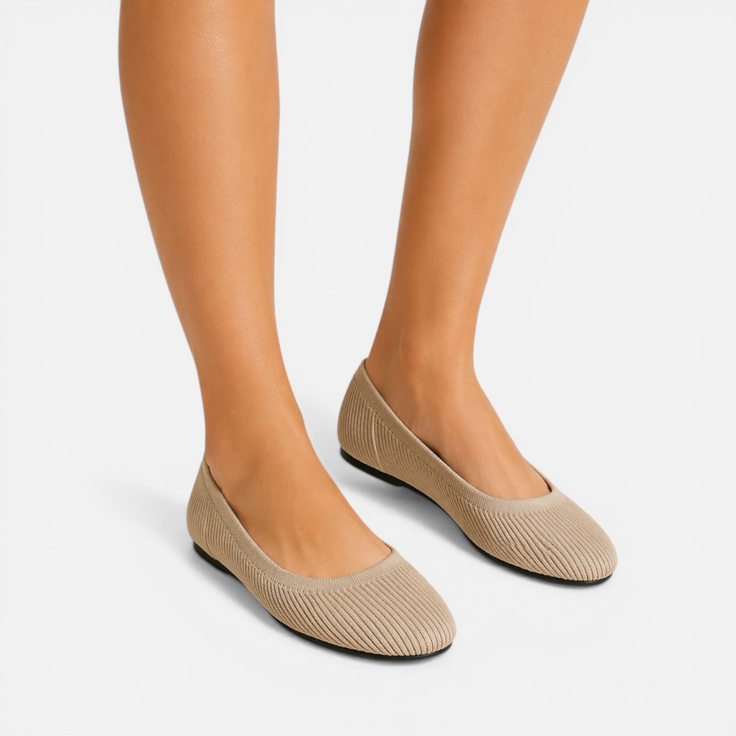 Beige knit ballet flats, slip-on style with rounded toe