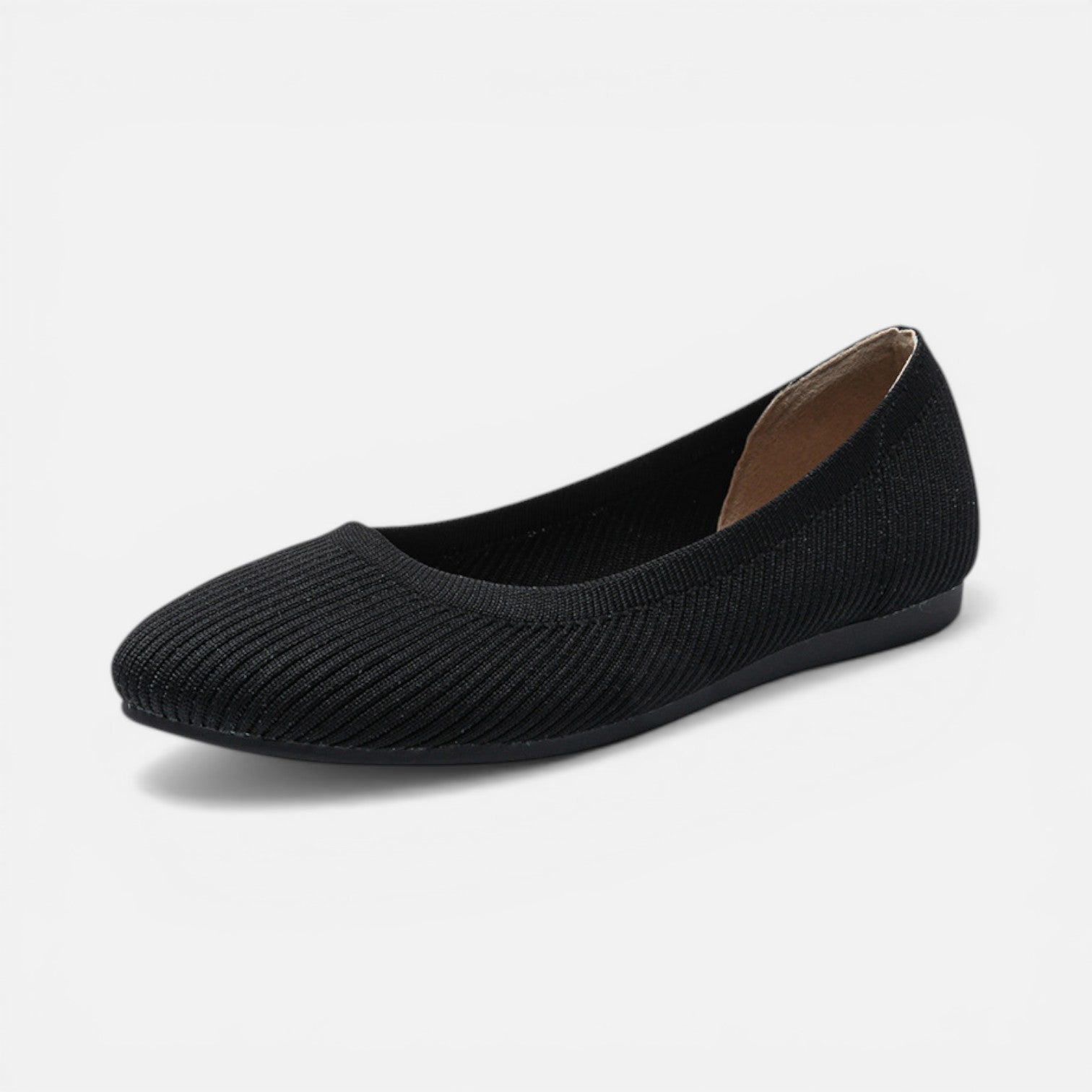 Black knit ballet flat shoe with rounded toe and low profile