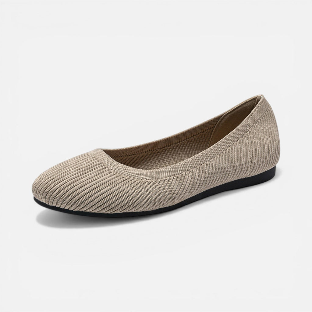 Beige knit ballet flat shoe with rounded toe and low profile