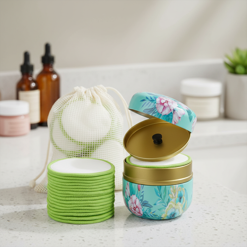 Reusable green bamboo cleansing pads in storage box with matching laundry bag