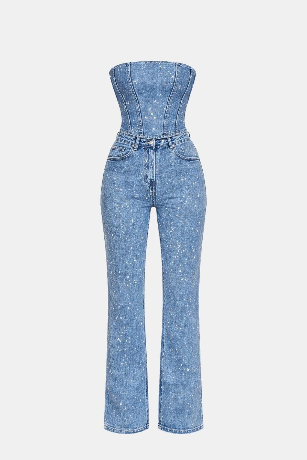 Denim blue strapless glitter jumpsuit front view with corset fit and straight pant legs