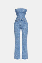 Denim blue strapless glitter jumpsuit front view with corset fit and straight pant legs