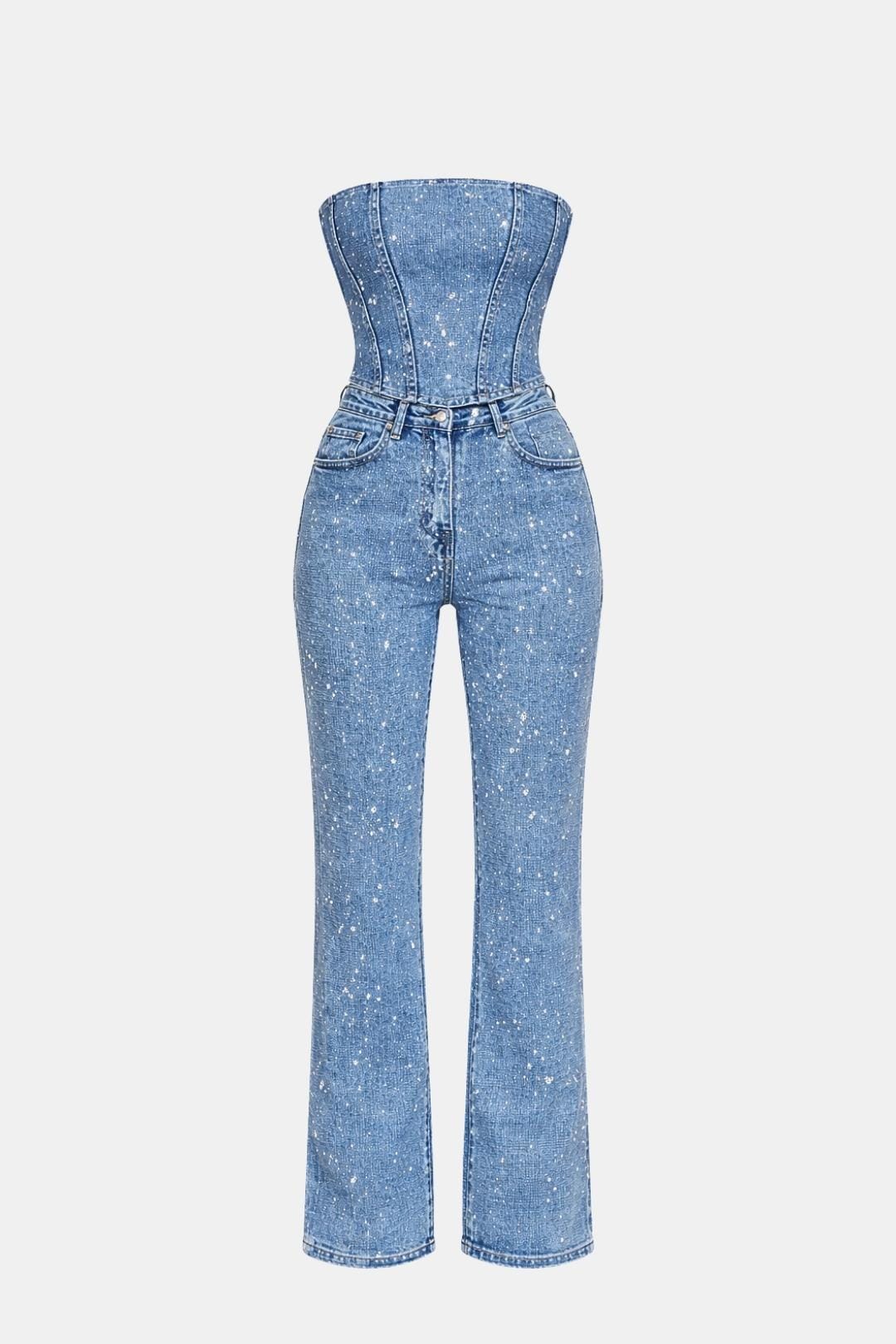 Denim blue strapless glitter jumpsuit front view with corset fit and straight pant legs
